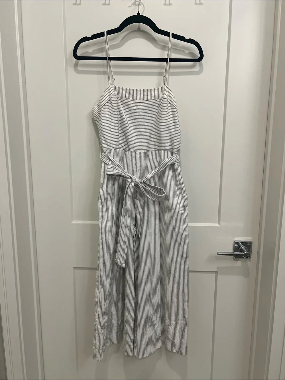 Banana Republic Striped White & Gray Spaghetti-Strap Jumpsuit with Waist Tie